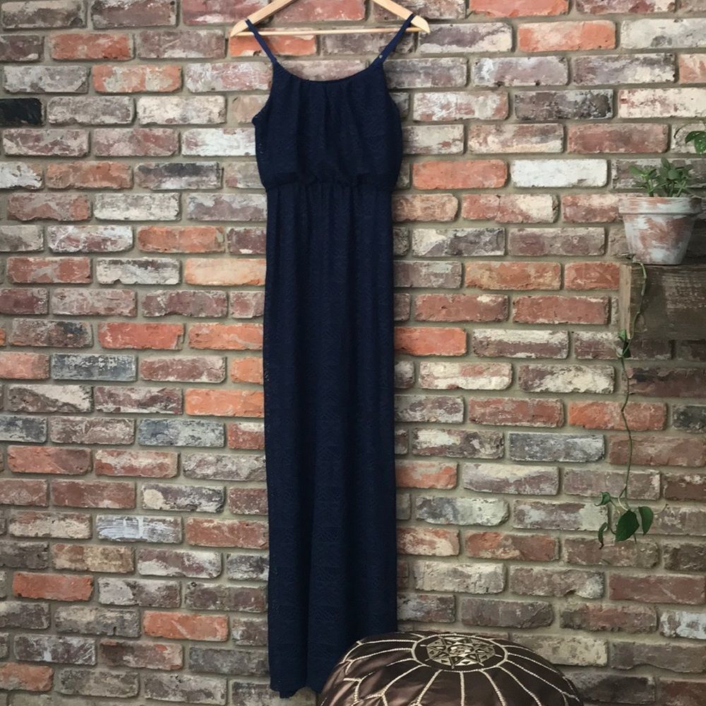 R Wish Medium Boho Navy Lace Dress Hi Lo Maxi Lace Knit Sleeveless Spaghetti